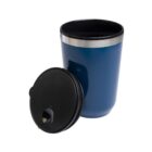 Blue stainless steel travel mug with a black lid, shown removed and placed to the side.