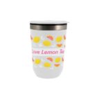 White tumbler with yellow lemons and Love Lemon Tea text in pink.
