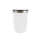 White kitchen canister with a silver lid band, isolated on a white background.