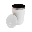 White tumbler with black interior and separate clear lid on a white background.
