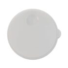 White round plastic lid with a small circular indentation on the top surface.