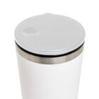 White travel mug with a closed lid and stainless steel rim.