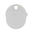 White circular keychain with a central button and hole at the top.