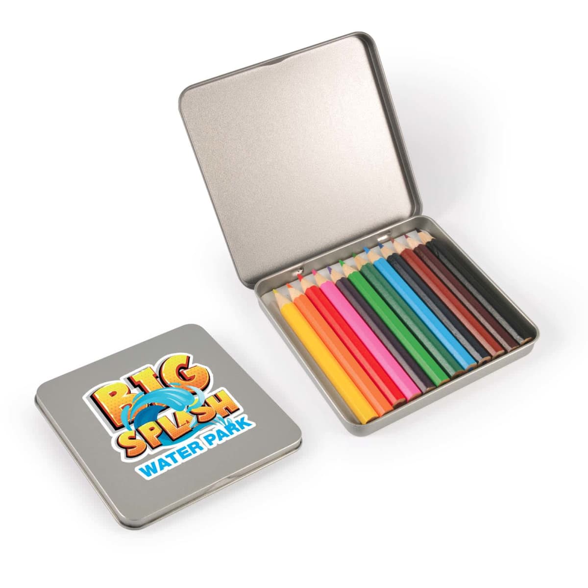 Open tin box of colored pencils with Big Splash Water Park logo on lid.