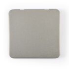 A square metal tin with a closed lid on a white background.