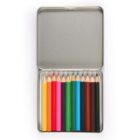 Open tin box displaying various colored pencils neatly arranged.