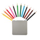Colorful pencils arranged in a semicircle around a closed metal tin box.