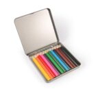 Open tin box with colorful pencils arranged neatly inside.