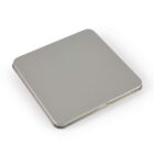 A sleek, square, gray metal trackpad on a white background.