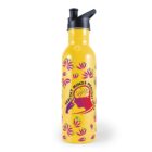 Yellow water bottle with a brain logo and floral patterns.