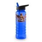 Blue water bottle with a muscular cartoon character and Fitness Muscle logo.