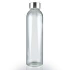Clear glass bottle with a silver cap on a white background.