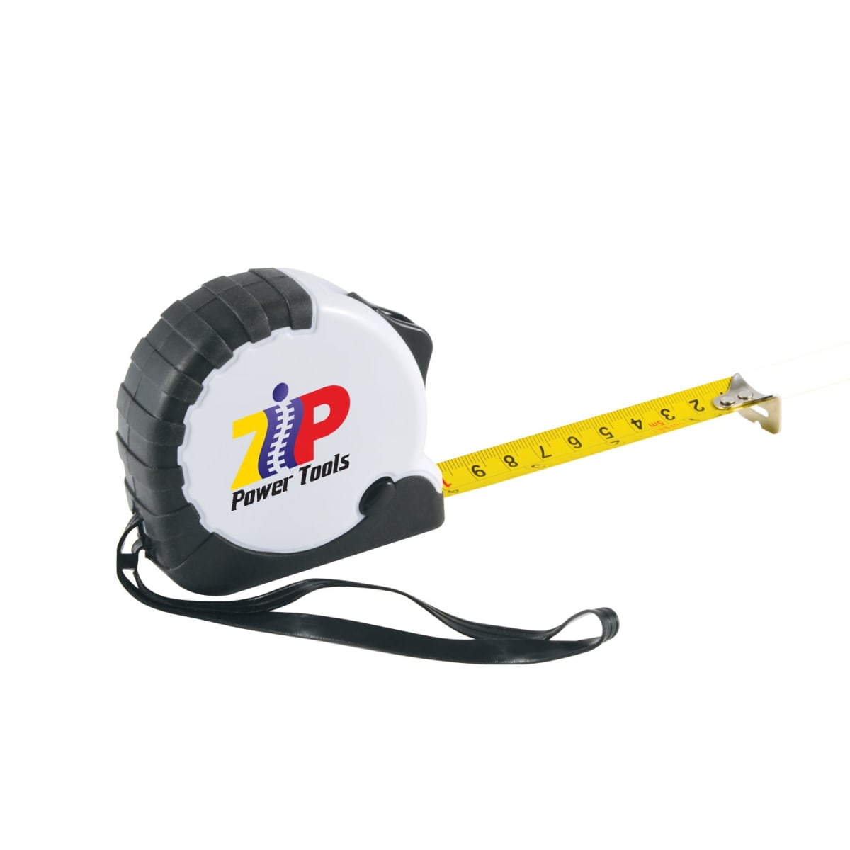 Tape measure with a black casing, yellow tape, and ZIP Power Tools logo.