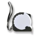 Tape measure with a black casing and a white front, featuring a wrist strap.