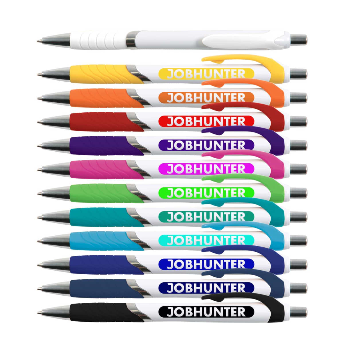 Twelve colorful pens stacked horizontally with JOBHUNTER printed on them.