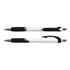Two black and white retractable pens with clips, positioned side by side.
