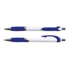 Two blue and white ballpoint pens, viewed from the side and top.