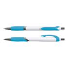 Two blue and white retractable pens, shown from top and side views.