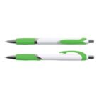 Two white and green retractable pens on a white background, shown in different angles.