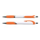Two retractable pens with orange grips and clips, shown from side and top views.