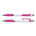 Two pink and white pens with clips, one top view, one side view.