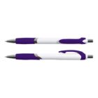 Two purple and white ballpoint pens with clips and grips, shown from different angles.