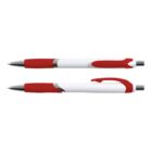 Two white and red ballpoint pens, shown from the side and top views.