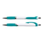 Two turquoise and white ballpoint pens, one facing up and one facing down.