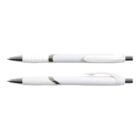 Two white ballpoint pens with metal tips and clips, one shown from the side and the other from the top.