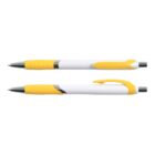 Two yellow and white pens with metal tips, viewed from the side and top.