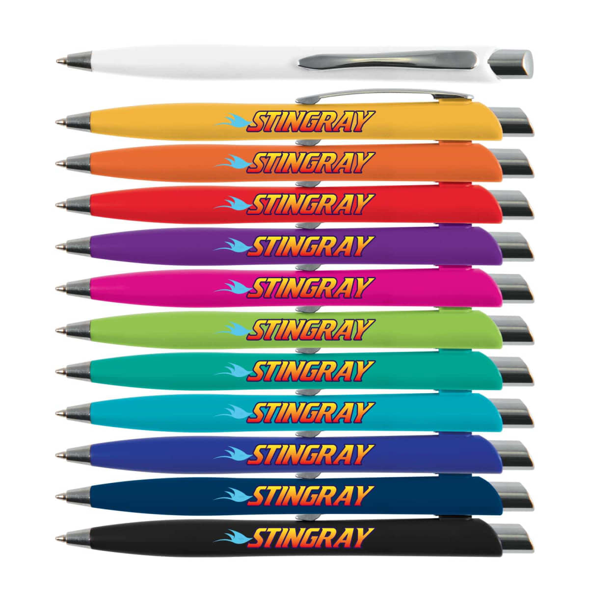 Twelve colorful pens with STINGRAY branding laid out in a row.
