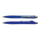 Two blue ballpoint pens with silver clips on a white background.