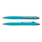 Two turquoise ballpoint pens with silver clips on a white background.