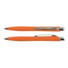 Two orange ballpoint pens with silver clips and tips, one open, one closed.