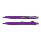 Two purple ballpoint pens with silver clips and tips, one shown from the side and one from above.