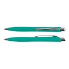 Two turquoise ballpoint pens with silver clips, one with the tip extended.