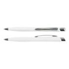 Two white ballpoint pens with silver clips, one open and one closed, on a white background.