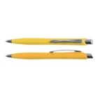 Two yellow ballpoint pens, one showing the side and the other the top view.