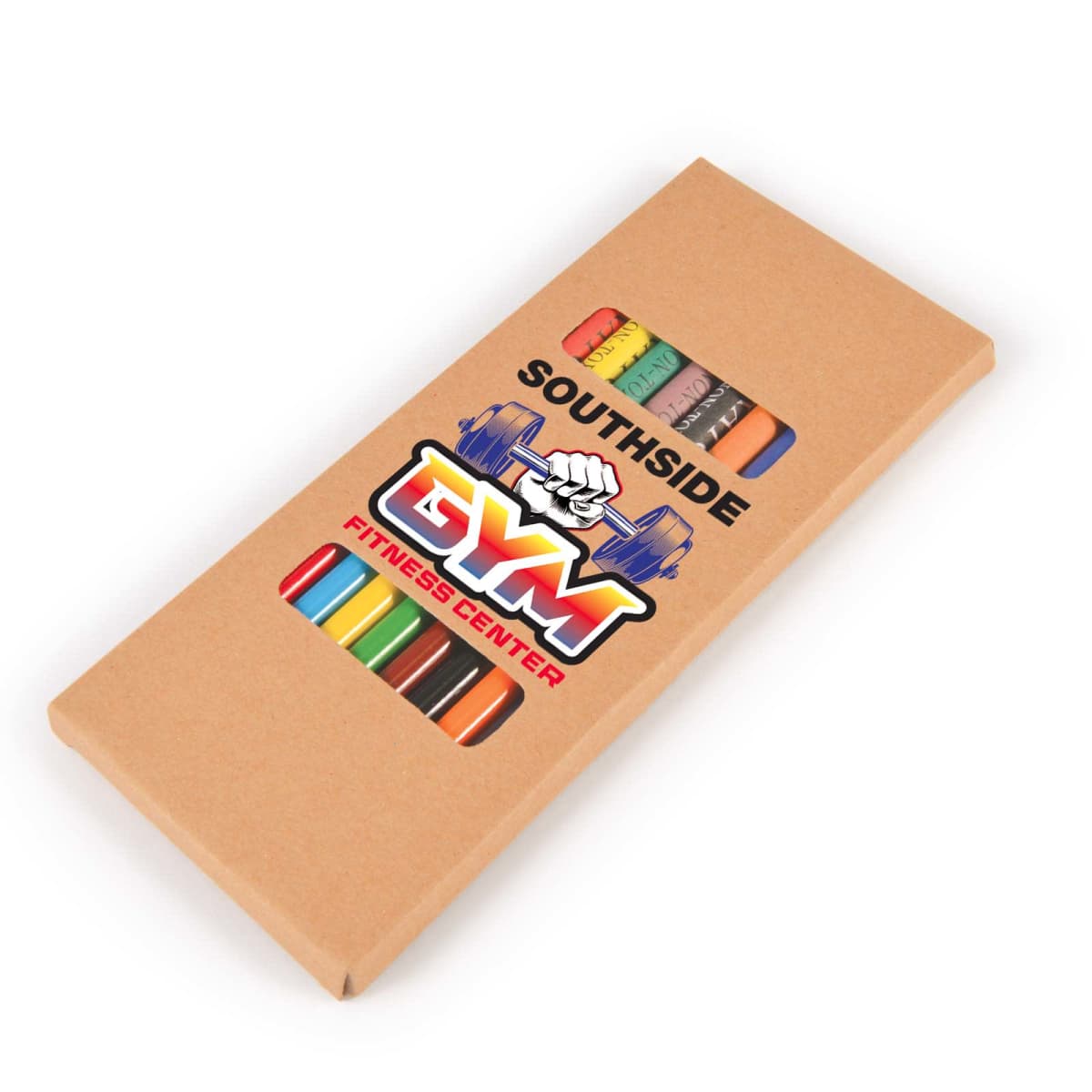 A brown box of colored pencils with a gym logo on the front.