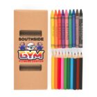 Box of colored pencils and crayons with Southside Gym logo on the packaging.