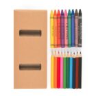 Box with colorful crayons and colored pencils arranged side by side.