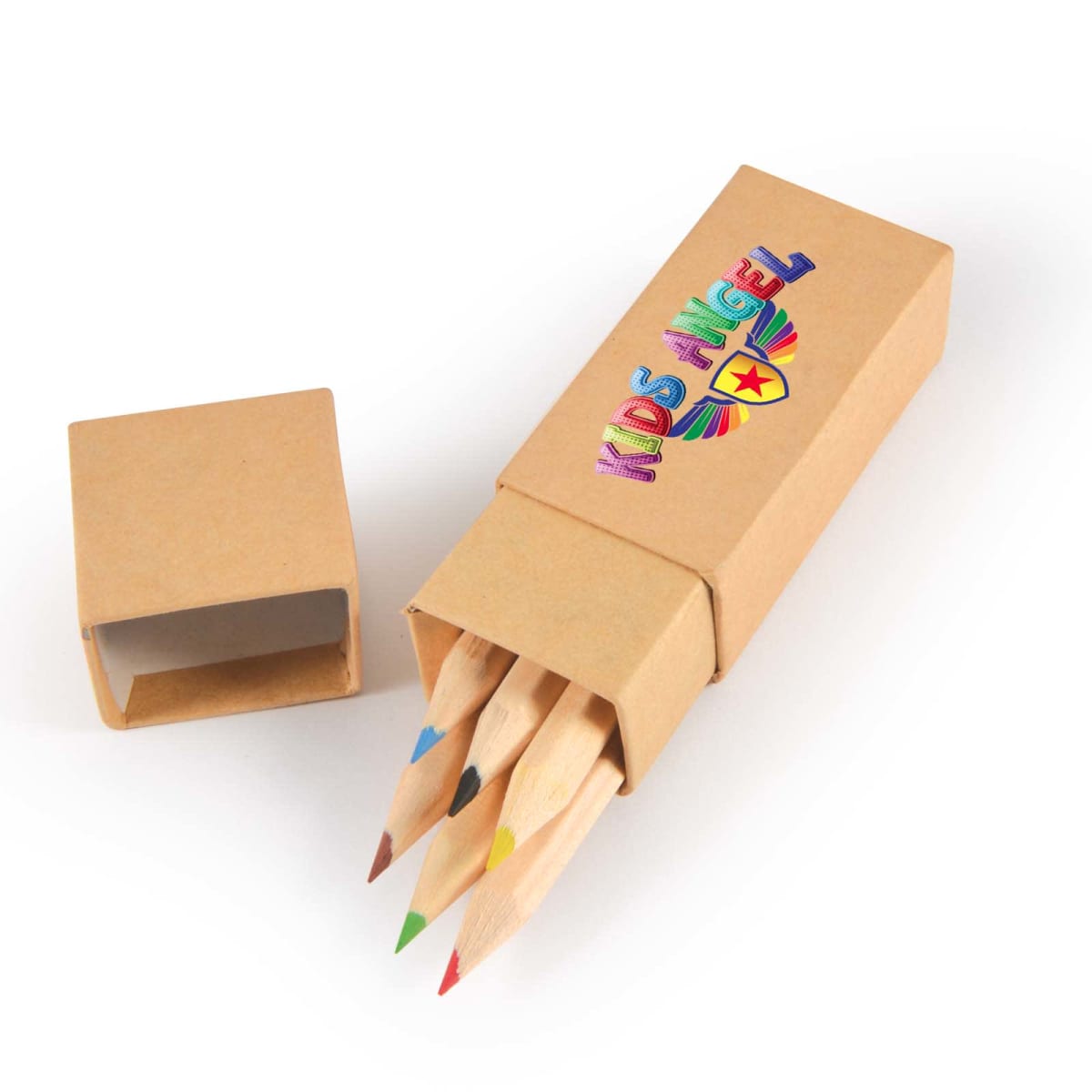 Box of colored pencils, partly open, with five pencils visible.