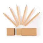 Six colored pencils arranged like a fan above three stacked brown boxes on a white background.