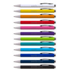 Ten colorful pens arranged horizontally on a white background.