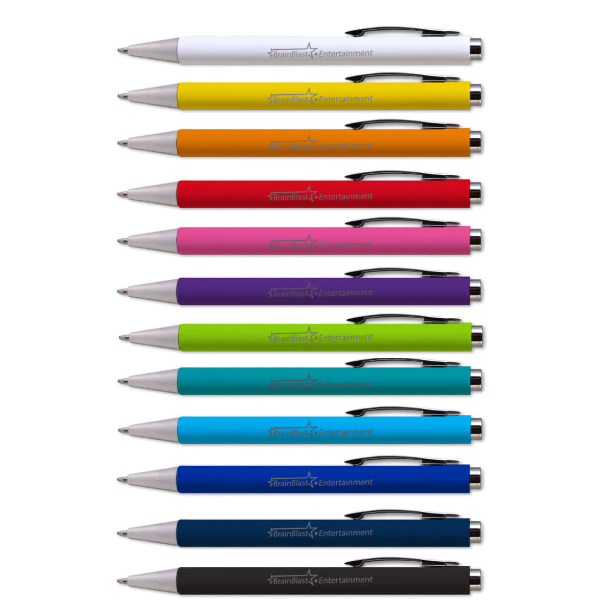 Ten colorful pens arranged horizontally on a white background.