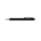 Black ballpoint pen with a silver tip and clip, isolated on a white background.