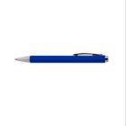 Blue ballpoint pen with a metallic tip and clip on a white background.