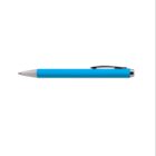 Blue retractable pen with a silver tip and black clip on a white background.