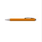 Orange pen with a silver tip and a black clip, isolated on a white background.