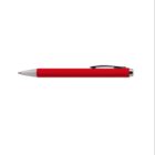 Red and silver ballpoint pen with a black clip on a white background.